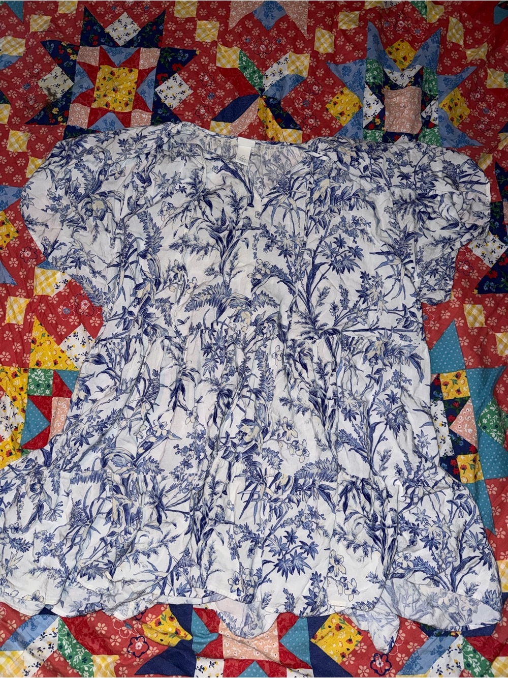 H&M White Mini Dress with Blue Botanical Print